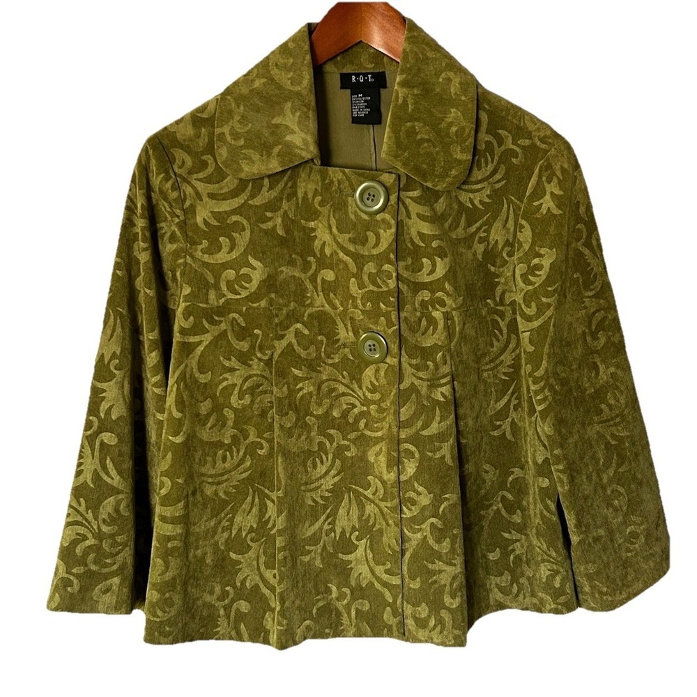 R.Q.T Women's Green 2 Button Blazer Jacket Size M Velvet Burnout